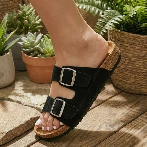 NWT Wild Diva Black Faux Suede Double Buckle Cork Slide Sandals Boho Comfort - Picture 4 of 7
